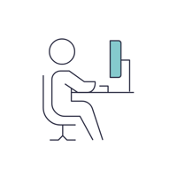 Outline of a person sitting at a desk using a computer.