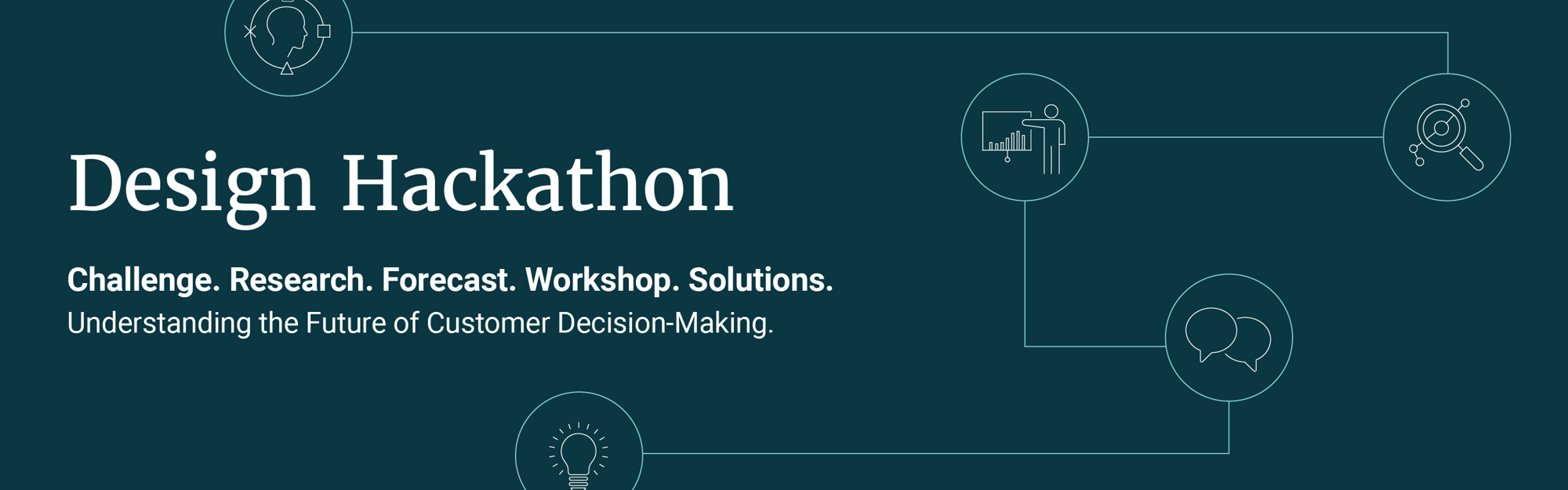 A deep teal banner with the title "Design Hackathon" in white serif font. Below the title, bold text reads "Challenge. Research. Forecast. Workshop. Solutions." followed by "Understanding the Future of Customer Decision-Making." The background features a network of thin teal lines connecting circular icons representing research, planning, strategy, and ideas