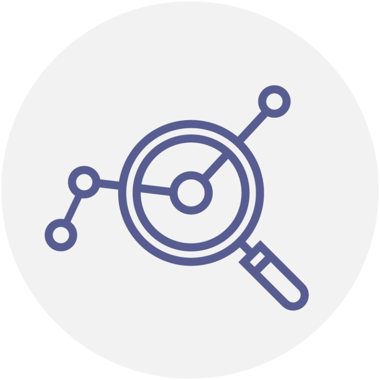 Blue icon of magnifying glass looking at data