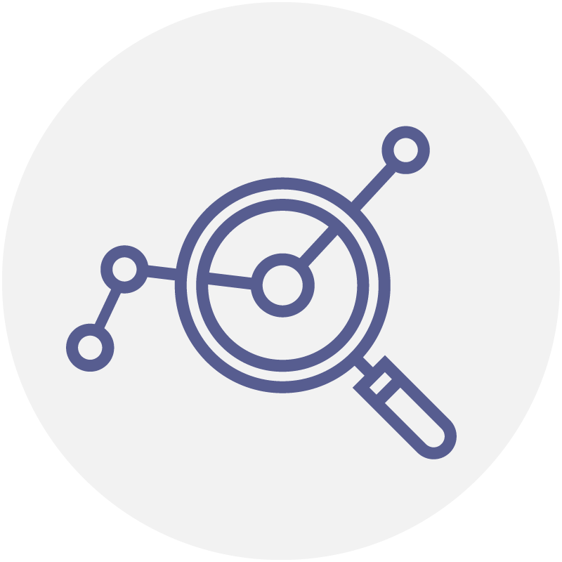 Blue icon of magnifying glass looking at data