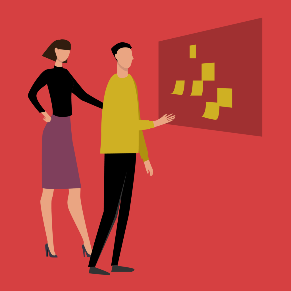 Graphic illustration of two Interior designers brainstorming with post it notes on a board
