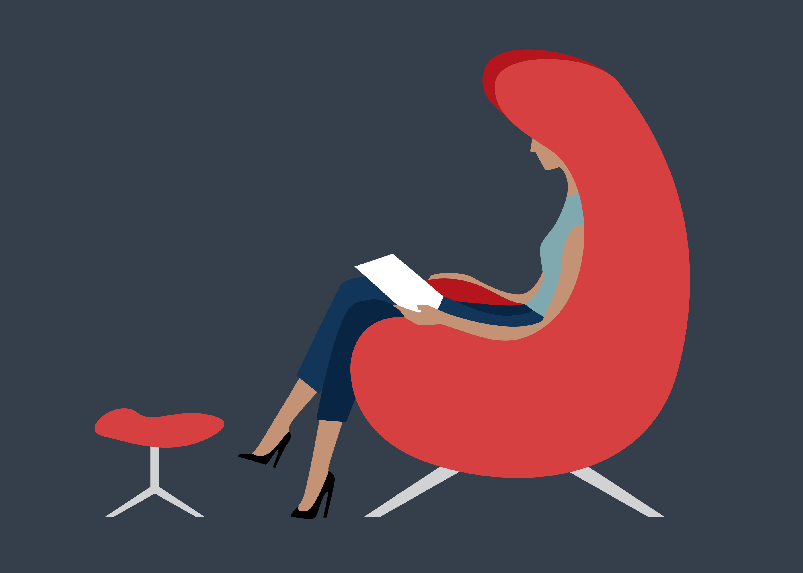 Graphic illustration of a designer sitting in a modern chair reading a interiors industry report